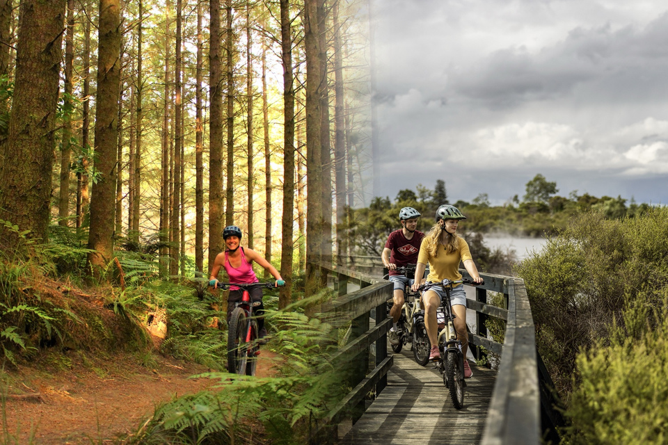 Three helmeted cyclists ride through a sunlit forest and along a wooden boardwalk beside wetlands under cloudy skies.
