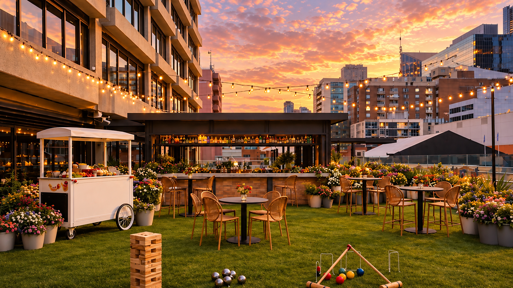 Rooftop garden patio with a bar, dining tables, flowers, lawn games, and string lights beneath a colorful sunset sky.