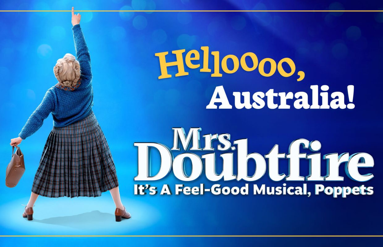 A person in a blue sweater and plaid skirt turns away, raising one hand in excitement against a blue background with text.