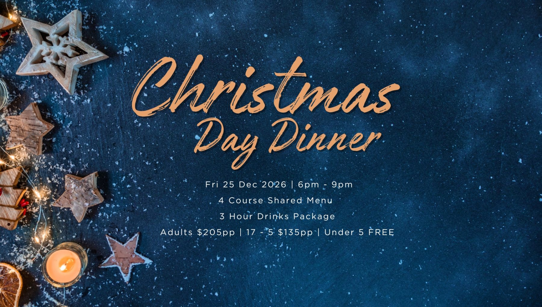 Decorative Christmas elements, including stars, candles, and festive string lights, on a dark background with event details.