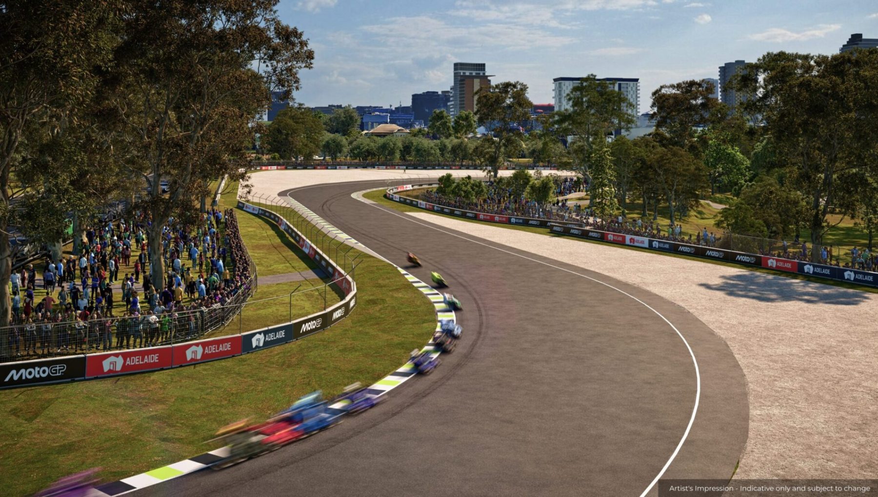 Motorcycles race around a tree-lined circuit curve, with crowds behind barriers and city buildings in the background.