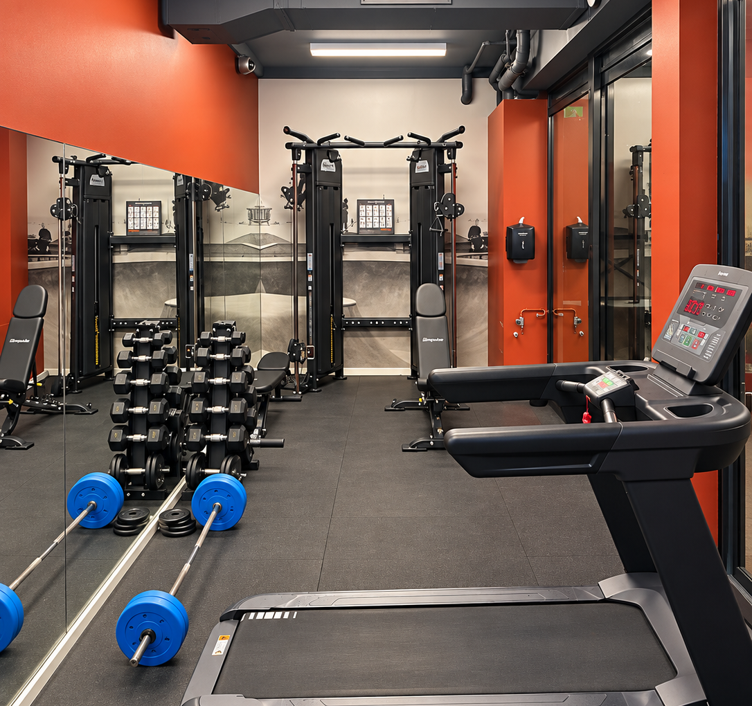A modern gym interior featuring a treadmill, dumbbells, and various strength training equipment against a red wall.
