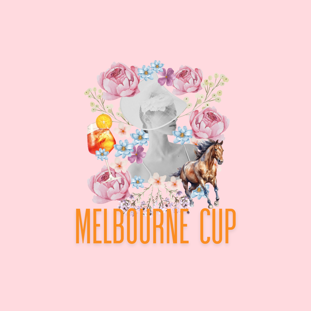 A collage featuring a woman with a large hat, a horse, flowers, and a drink, against a pink background, with "MELBOURNE CUP" text.