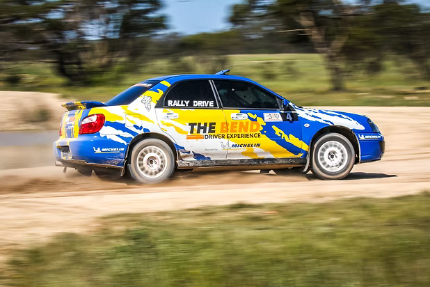 Blue-and-yellow rally car speeding along a dirt road, with trees and grass blurred in the background.