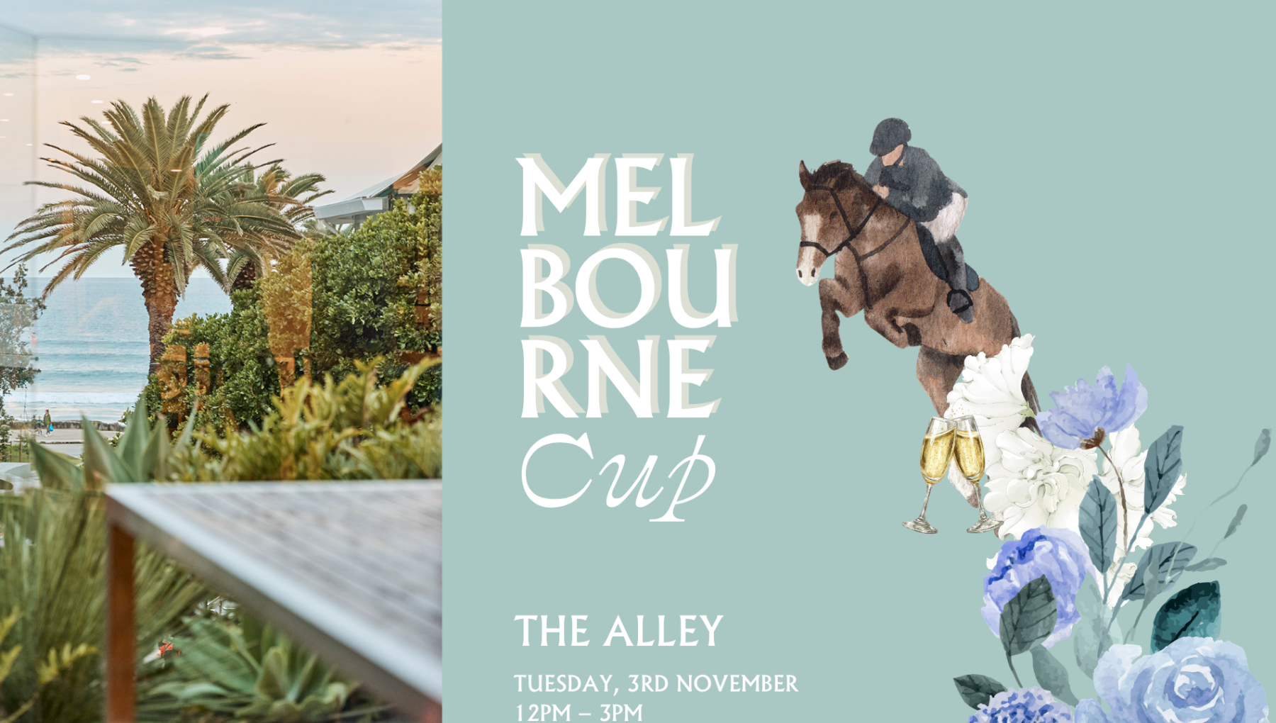 A tropical outdoor scene with palm trees and ocean in the background, alongside a promotional graphic for the Melbourne Cup event.