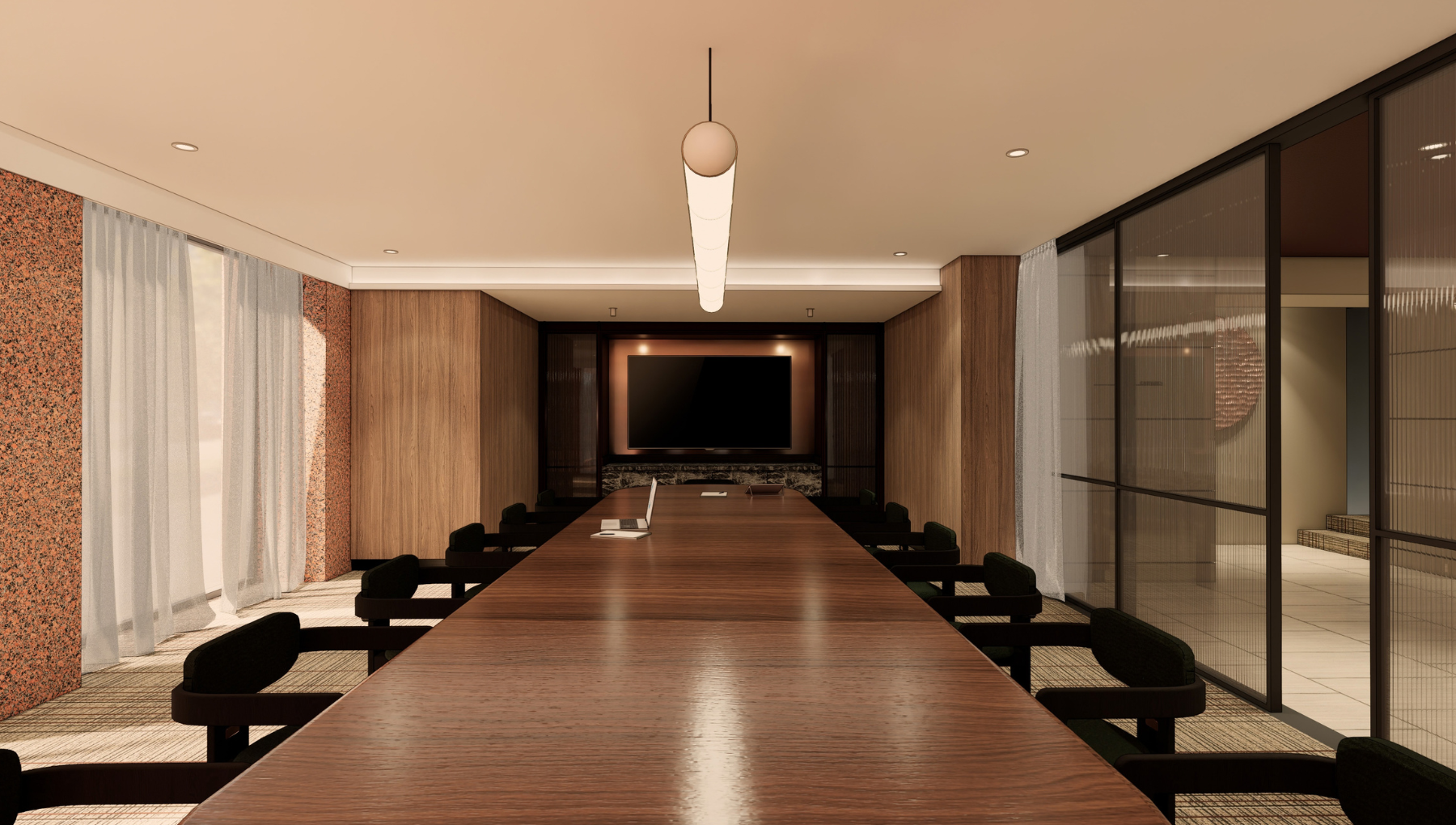 A long wooden conference table with black chairs faces a wall-mounted screen in a warm, wood-paneled meeting room.